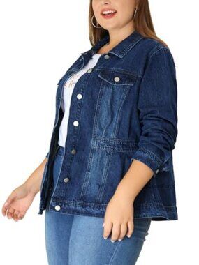 Plus Size Denim Jacket Long Sleeve Button Washed Trucker Jean Jacket